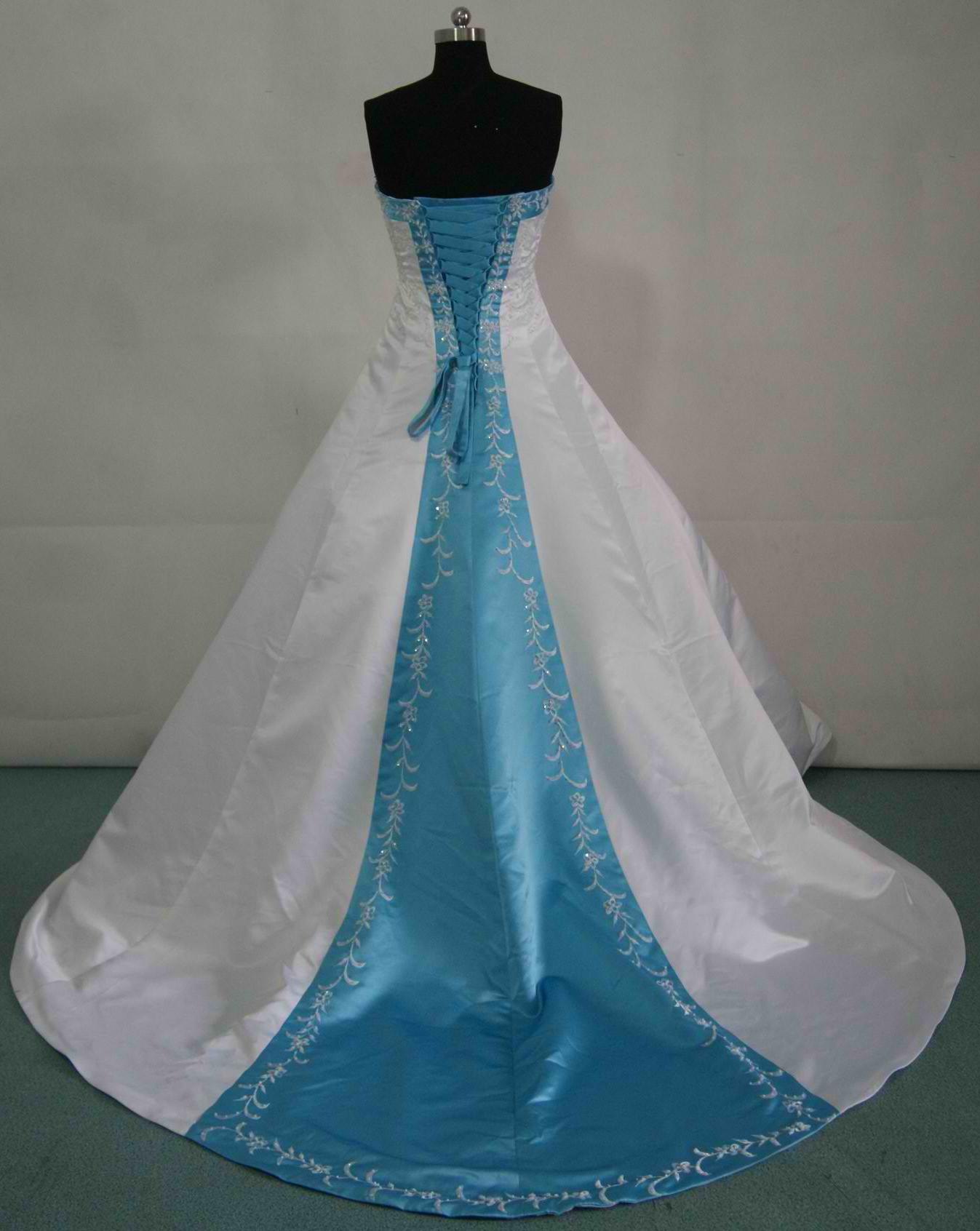 white and pool blue wedding gown