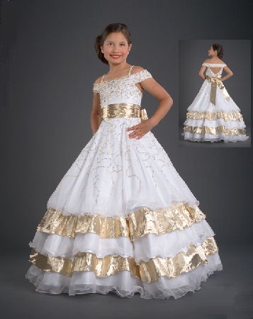 White pageant dress with gold accent