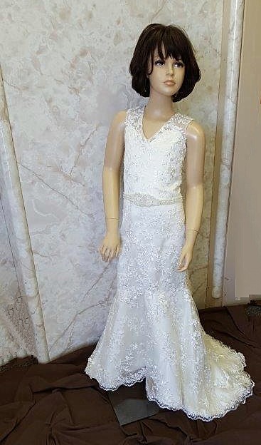 Lace applique gown with beaded sash