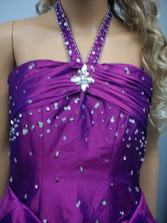 purple long dress with shimmery sequin halter strap