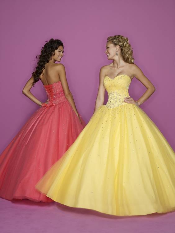Tropical coral or yellow prom dresses