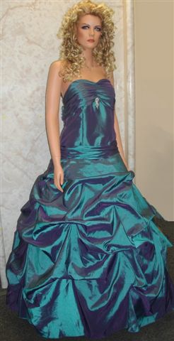 Teal taffeta ball gown with pick up skirt
