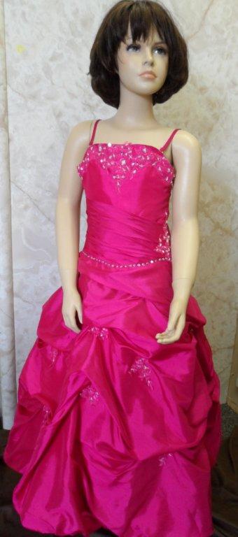 Girls long fuchsia strapless ball gown with embroidery, ruched midriff, pick up skirt.  Child size 8 in STOCK @$200.
