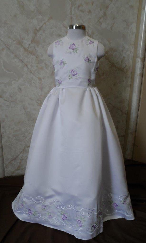 White sleeveless floor length flower girl dresses with lavender and sage embroidered bodice and hem.  In stock & on sale.