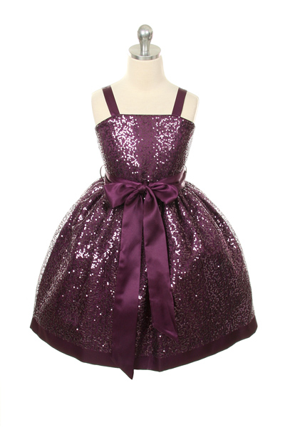 Children's plum sequined embroidered mesh dress with detachable sash at waist. Knee length.