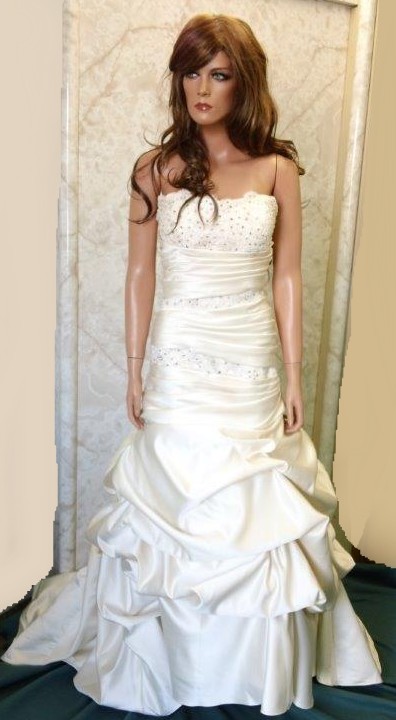strapless ruched dropped waist wedding gown