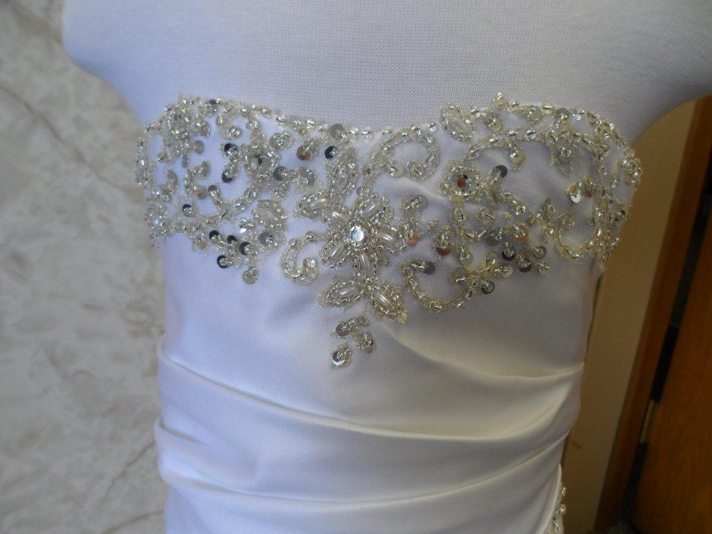 strapless ruched beaded applique mini wedding gown