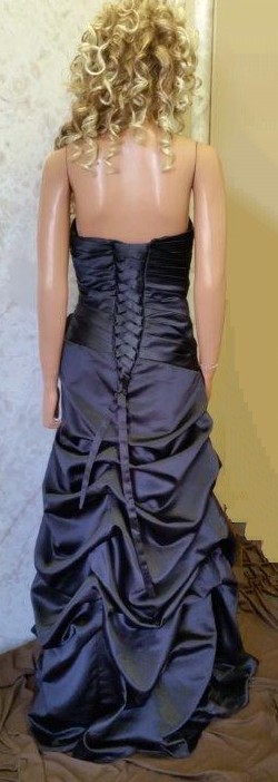 Long black satin bridesmaid dress with pick up skirt