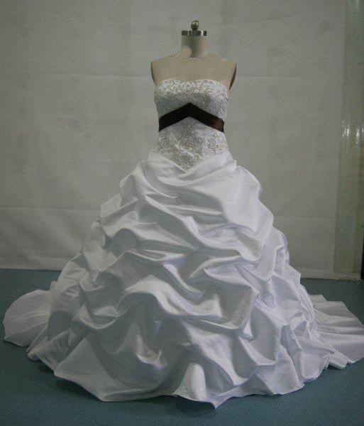 ruched ballroom wedding gown, strapless, brown sash