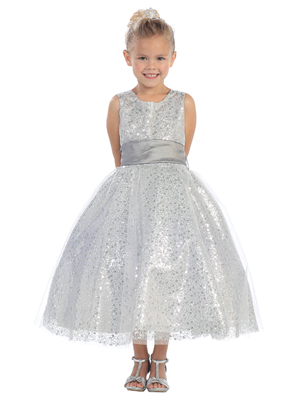 Little girls silver sequin holiday dresses. Sleeveless scoop neck sequin and tulle overlay dress sparkles with a tie sash. 
