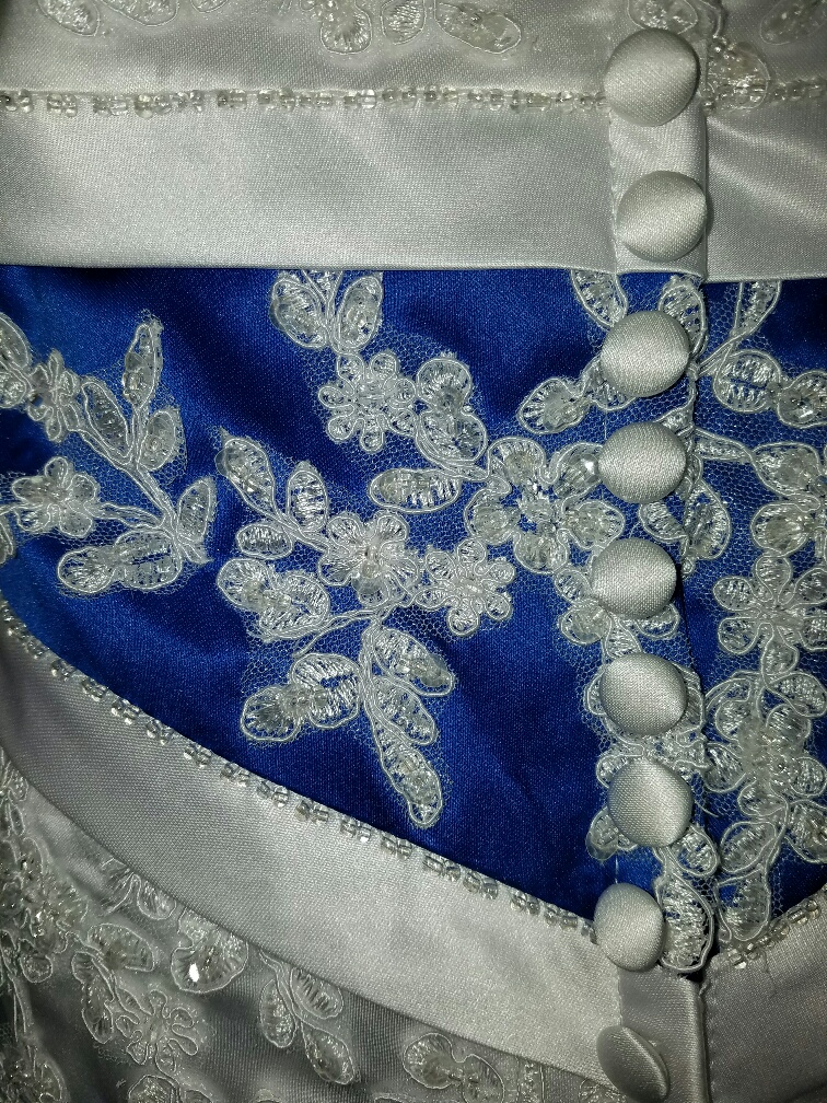 white and royal blue wedding dress
