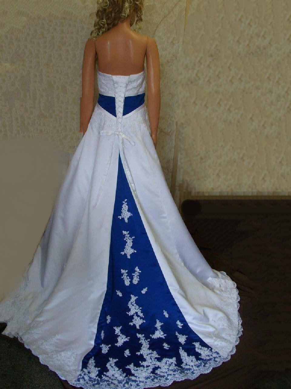 wedding dress with royal blue train