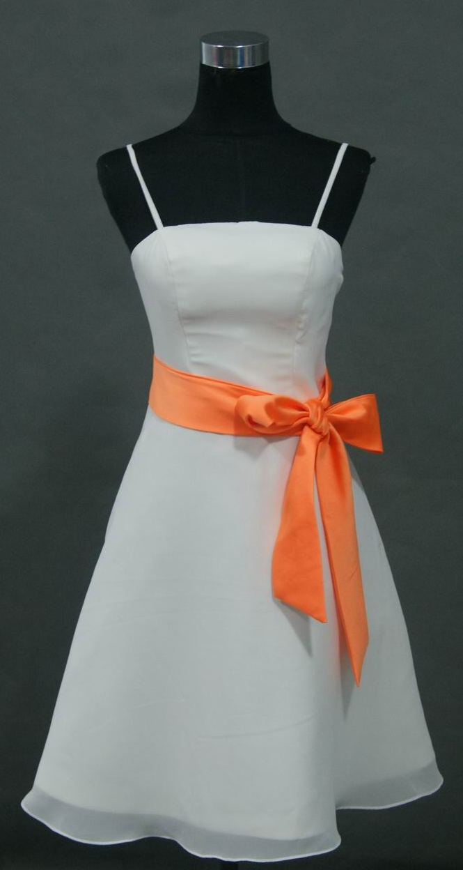 short white bridesmaid dress with tangerine sash